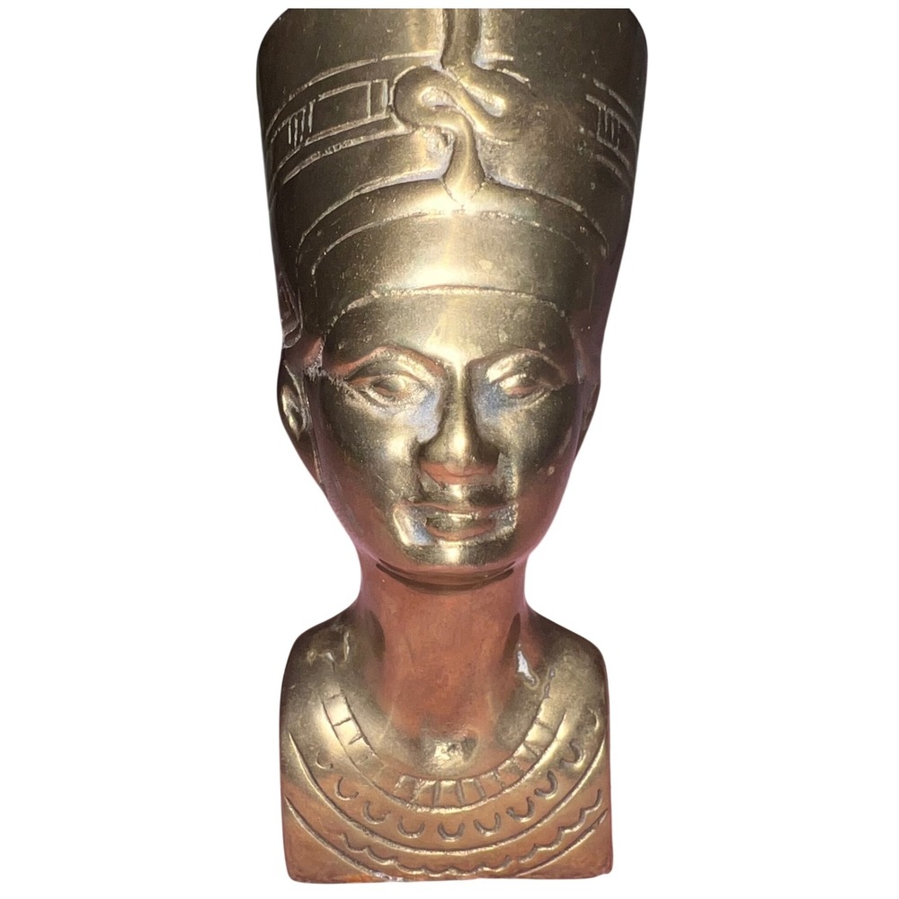 Vintage Solid Brass Queen Nefertiti Bust Statue Egyptian Decor Sculpture 6.25in‎